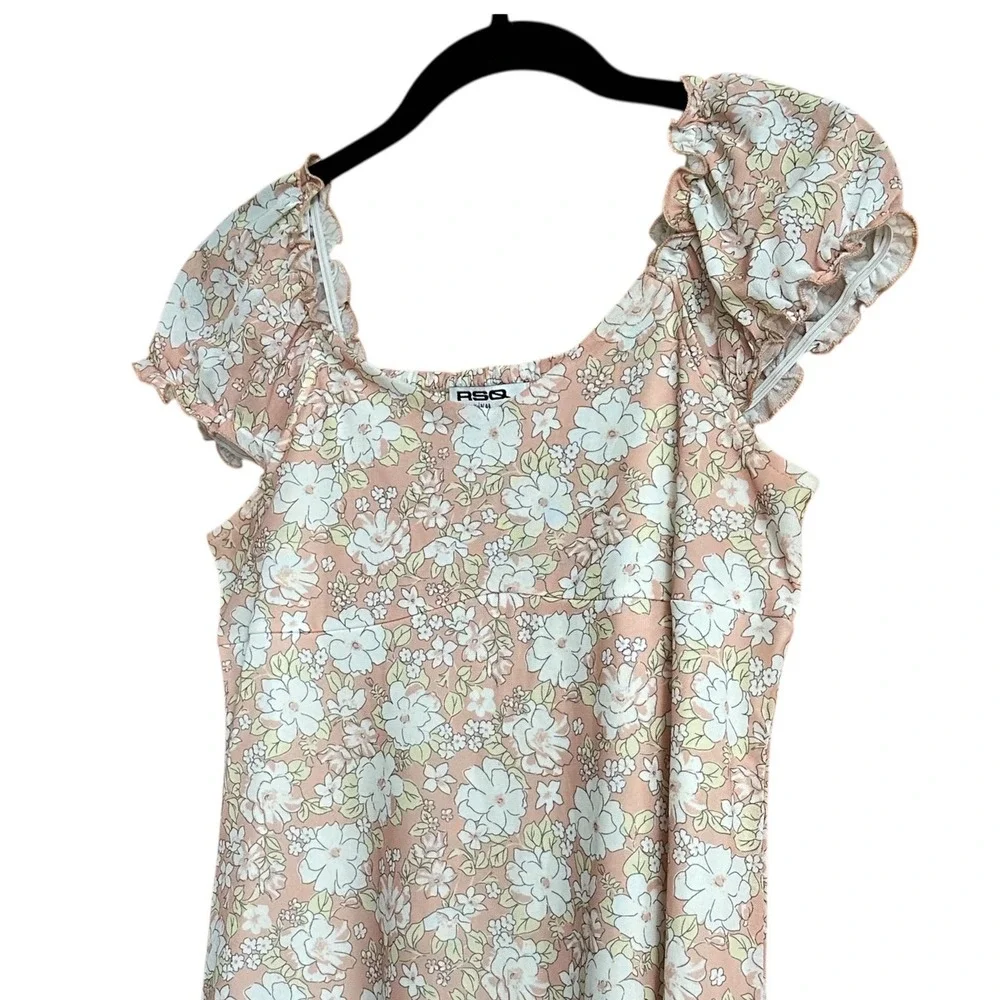 RSQ Mini Dress Womens XL Peach Excellent Floral Mesh Smocked Puff Sleeve
